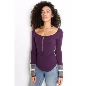 We The FREE PEOPLE Mod Purple Stripe Cuff Thermal Top Waffle Shirt Size L Casual